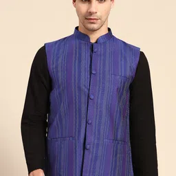 Anouk Men Blue Woven Design Nehru Jacket-20