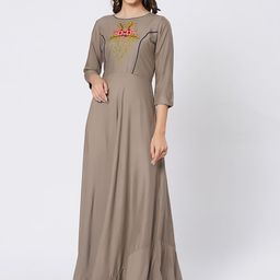 Kvsfab Women Taupe Embroidered A-Line Kurta-image-35