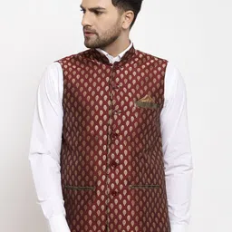 KLOTTHE Men Maroon & Gold-Colored Woven Design Nehru Jacket-picture-23