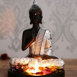 eCraftIndia Black & Silver-Toned Meditating Buddha With Wooden Base Petals & Tealight Showpiece-image-2