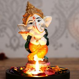 eCraftIndia Orange & White Lord Ganesha Dancing Avatar With Wooden Base Petals & Tealight-image-28