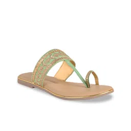 SALARIO Women Fluorescent Green Woven Design PU T-Strap Flats-image-27