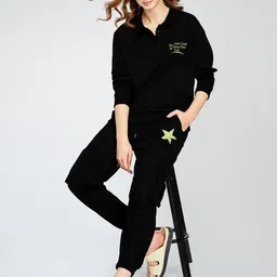 Zeyo Star & Typography Printed Polo Collar Sweatshirt With Cargo Joggers-image-12