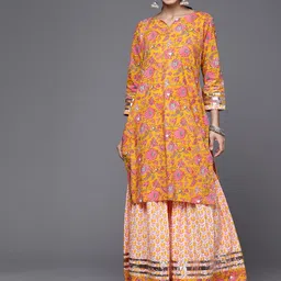 Varanga Women Mustard Yellow & White Ethnic Print Print Pure Cotton Kurta with Sharara-52