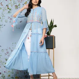 Juniper Floral Embroidered Tiered Front Slit A-Line Kurta with Tie-Up Detail-image-45