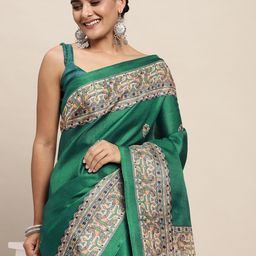 Saree mall Teal & Grey Ethnic Motifs Print Silk Blend Saree-image-77