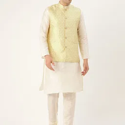SOJANYA Men Off-White & Green Solid Kurta with Churidar & Nehru Jacket-15