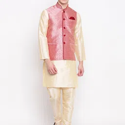 MAG Men Cream-Coloured & Pink Solid Kurta with Churidar & Nehru Jacket-13
