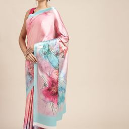 Mitera Pink & Blue Floral Print Satin Celebrity Saree-picture-48