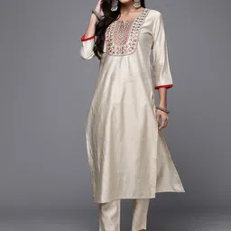 Indo Era Women Off White Embroidered Thread Work Liva Kurta with Trousers-picture-29
