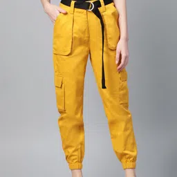 STREET 9 Women Mustard Yellow Regular Fit Solid Cargos-image-7
