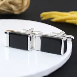 PELUCHE Men Silver-Toned & Black Rectangular Cufflink-image-6