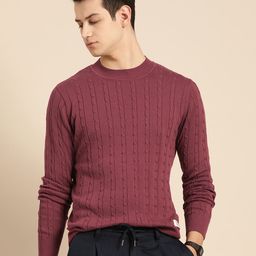 Mr Bowerbird Men Maroon Tailored Fit Cable Knit Pullover-image-7