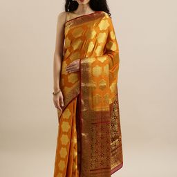 MIMOSA Orange & Gold-Toned Poly Crepe Embellished Mysore Silk Saree-image-19