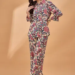 all about you Beige Floral Printed Pure Cotton Shirt & Trousers-picture-52