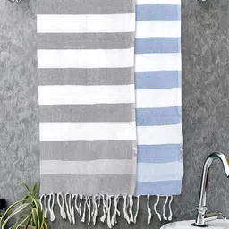 Myntra Elegant Homes 2 Pieces White & Blue Striped Cotton 225 GSM Bath Towel-image-29