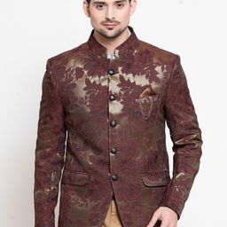 LUXURAZI Men Brown Printed Slim-Fit Bandhgala Blazer-image-51