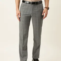 Peter England Men Grey Checked Slim Fit Mid Rise Trousers-image-90