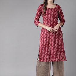 anayna Women Maroon & Golden Printed Straight Kurta-29