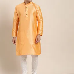 SOJANYA Men Peach-Coloured Woven Design Straight Kurta-10