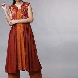 Vishudh Women Rust & Orange Solid Kurta with Palazzos-image-37