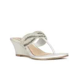 Bata Silver-Toned Ethnic Embellished Open Toe Wedges-23