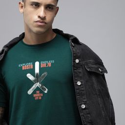 Roadster Men Green & White Printed Pure Cotton T-shirt-image-43