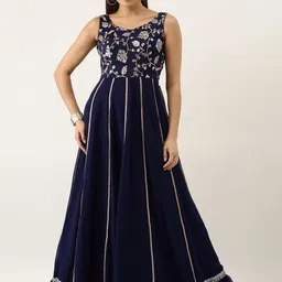 Ethnovog Navy Blue Embellished Georgette Maxi Dress-picture-38