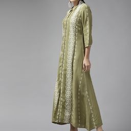 W Green & White Ethnic Motifs Maxi Dress-11