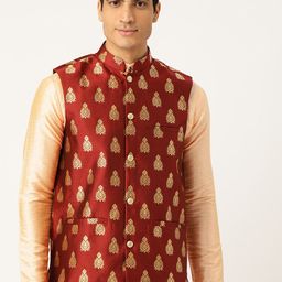 SOJANYA Men Maroon & Golden Woven Design Nehru Jacket-11