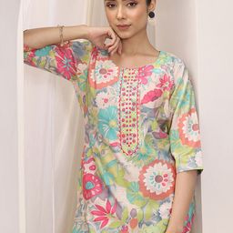 Libas Floral Printed Thread Work Round Neck Straight Kurta-image-80