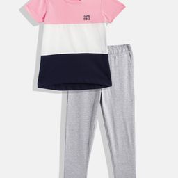 HERE&NOW Girls Pink & Grey Melange Colourblocked Night suit-image-80