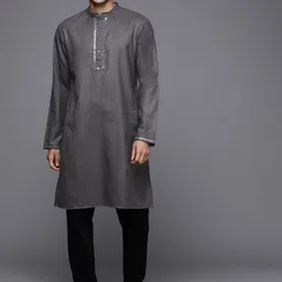 Indo Era Men Charcoal Grey Mirror Work Kurta-picture-38