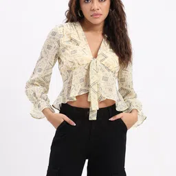SZN Women Geometric Print Tie-Up Neck Puff Sleeve Georgette Top-picture-20