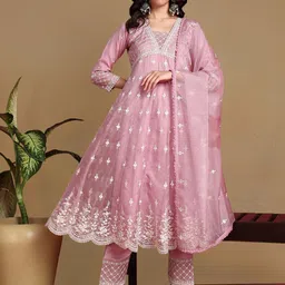 House of Pataudi Embroidered Kurta with Trousers & Dupatta-image-80