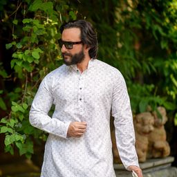 House of Pataudi Men White & Grey Printed Straight Sustainable Kurta-10