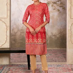 AURELIA Foil Floral Printed Printed Sequined Mandarin Collar Straight Kurta-picture-17