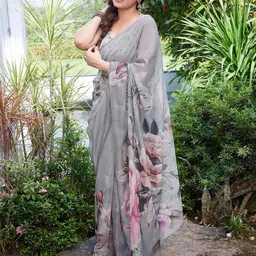 KALINI Grey & Pink Floral Zari Organza Bagh Saree-picture-40