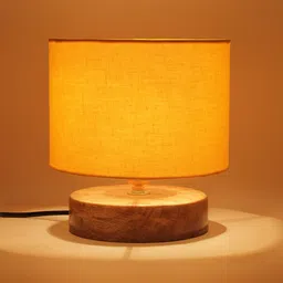 Devansh Yellow Solid Drum Designer Shade Column Table Lamp with Wood Base image 4