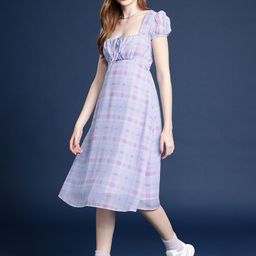 Mast & Harbour Checked Puff Sleeve A-Line Dress-image-58