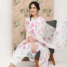 Sangria Floral Printed Regular Thread Work Kurta with Trousers & With Dupatta image 5