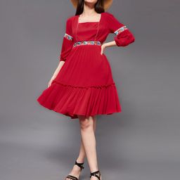 Miss Chase Square Neck Puff Sleeves Fit & Flare Dress-image-66