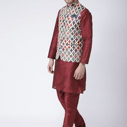 Hangup Men Maroon & Multicoloured Solid Kurta with Pyjamas and Nehru Jacket image 2