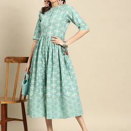 Sangria Ethnic Motifs Print Mandarin Collar Fit & Flare Midi Dress-picture-10