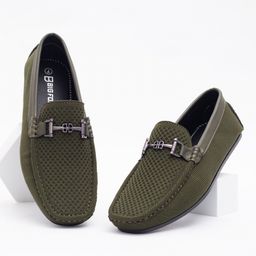 Big Fox Men Olive Green Woven Design Driving Shoes-image-64