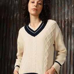 High Star Women V Neck Varsity Cable Knit Pullover-image-34