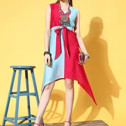 Yufta Women Pink & Blue Colourblocked Midi Fit & Flare Dress-image-24