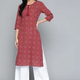 HERE&NOW Women Maroon & White Cotton Geometric Printed Kurta-picture-39