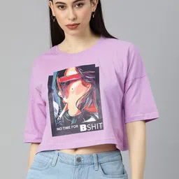 JUNEBERRY Women Purple & Black Graphic Printed  Crop Cotton T-shirt-image-99