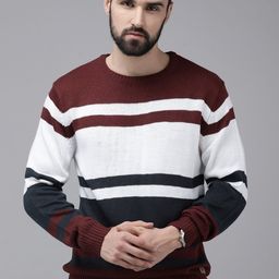The Roadster Lifestyle Co Men White & Navy Blue Striped Pullover Sweater-image-82
